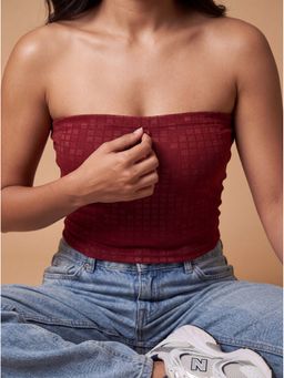MIXT by Nykaa Fashion - Maroon Self Design Strapless Tube Crop Top