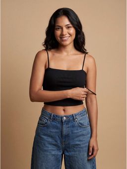 MIXT by Nykaa Fashion - Black Ribbed Spaghetti Strap Cami Crop Top