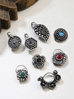 Fida - Ethnic Silver Plated Bold Nose Pin for Women (Set of 8)