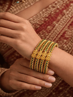 GRIIHAM - Women Green Stone Gold Plated Temple Bangles (Pack of 4)