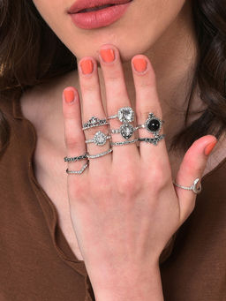 Sohi - Silver Plated White Stone Studded Finger Rings (Pack of 11)