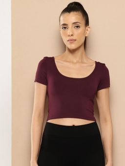 Alcis - Women Maroon Solid Gym Base Crop T-Shirt