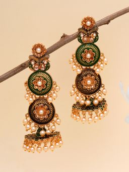 Karatcart - Gold Plated Antique Floral Design Green Drop Earrings for Women