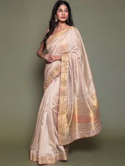 Zari Jaipur - Rose Gold Color Tussar Silk Fabric Saree with Unstitched Blouse