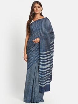 Fabindia - Indigo Dabu Viscose Blend Saree without Blouse