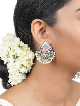 Teejh - Nimrat Green & Maroon Stone Silver Oxidised Earrings