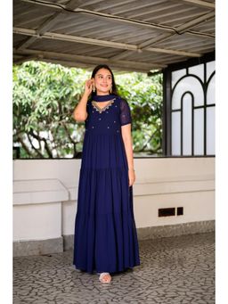 Label Rishmaan - Azuri Navy Blue Embroidered Anarkali Dress With Dupatta
