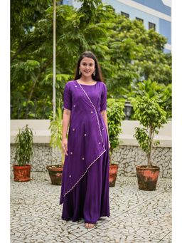 Label Rishmaan - Orchid Purple Embroidered Dress With Half Cape