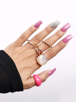 Lilly & Sparkle - Women Pink Gold-Toned Set of 5 Crystal Studded Finger Rings
