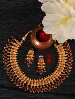 Saraf RS Jewellery - Gold Plated Pink Stone Studded Handcrafted Leaf Design Jewellery Set