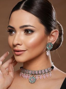 Saraf RS Jewellery - Oxidised Pink and Green Stone Studded Pearl Jewellery Set