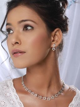Saraf RS Jewellery - Silver Plated Ad Studded Minimal Geometric Necklace Set