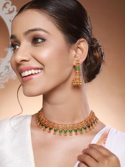 Saraf RS Jewellery - Gold Toned Green Enamelled Kerala Tradition Nagapadam Jewellery Set