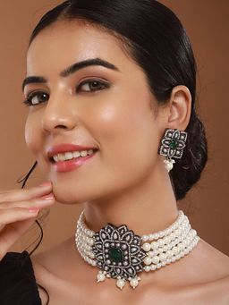 Saraf RS Jewellery - Silver Plated Victorian Green Ad Studded Pearl Choker Jewellery Set