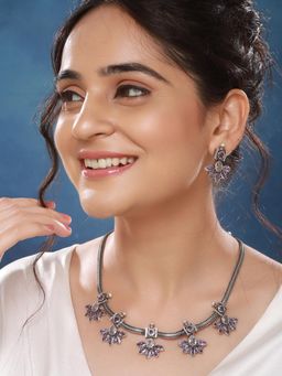 Saraf RS Jewellery - Silver Plated Oxidised Purple Stone Studded Flower Jewellery Set