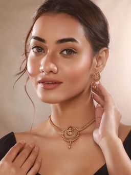 Saraf RS Jewellery - Gold Polish Flexible Brass Chain Minimal Temple Lakshmi Jewellery Set