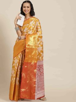Silk Land - Zari Woven Saree with Unstiched Blouse Piece Orange with Unstitched