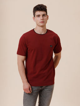 Crocodile - Mens Waffle Jacquard Decorative Ribbed Neck In Maroon T-Shirt