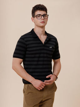 Crocodile - Mens Tonal Melange 1X1 Striped Polo T-Shirt In Black
