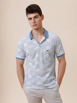 Crocodile - Mens Geometric Printed Contrast Rib In Vintage Blue Polo T-Shirt