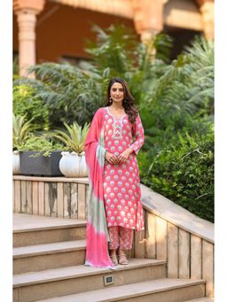 Mahee Jaipur - Cardinal Buti Pink Muslin Chiffon Kurta with Pant and Dupatta (Set of 3)