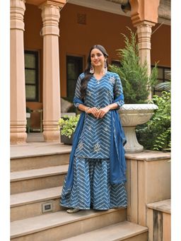Mahee Jaipur - Blue Lehriya Chanderi Sharara with Kurta Gota Patti Work and Dupatta (Set of 3)