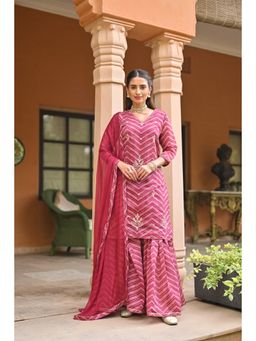 Mahee Jaipur - Pink Lehriya Chanderi Sharara with Kurta Gota Patti Work and Dupatta (Set of 3)