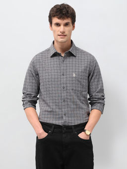 U.S. POLO ASSN. - Grey Checked Tailored Fit Cotton Men's Shirt