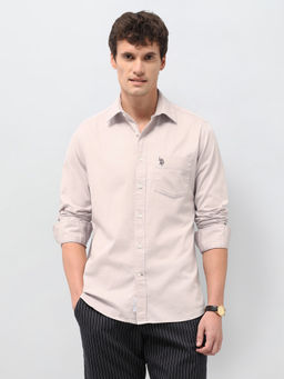 U.S. POLO ASSN. - U.S. Polo Assn Beige Solid Tailored Fit Cotton Lycra Men's Shirt