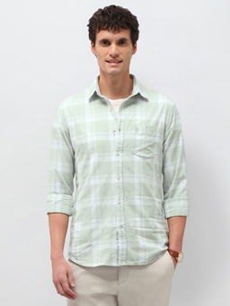 U.S. Polo Assn. Denim Co. - Light Green Checked Tailored Fit Cotton Men's Shirt