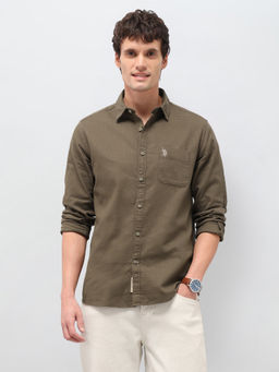 U.S. Polo Assn. Denim Co. - Olive Textured Regular Fit Cotton Men's Shirt