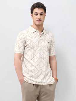 U.S. POLO ASSN. - Beige Printed Slim Fit Men's Polo T-Shirt