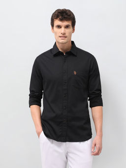 U.S. POLO ASSN. - Black Solid Tailored Fit Cotton Lycra Men's Shirt