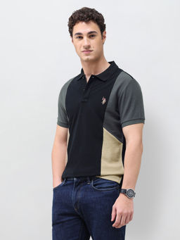 U.S. POLO ASSN. - Black Striped Pique Cotton Slim Fit Men's Polo T-Shirt