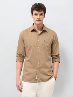 U.S. POLO ASSN. - Khaki Solid Tailored Fit Cotton Lycra Men's Shirt
