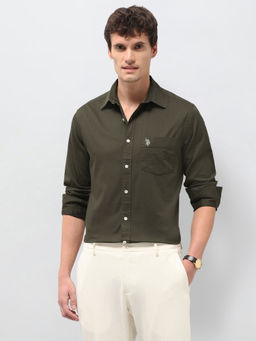 U.S. POLO ASSN. - Olive Solid Tailored Fit Cotton Men's Shirt