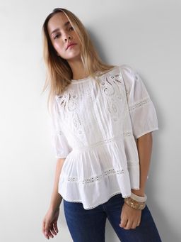 ONLY - White Self Design Casual Top