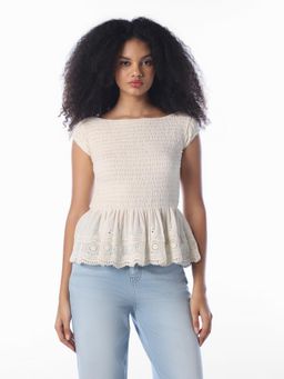 ONLY - White Self Design Casual Top