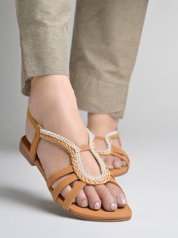 Shoetopia - Women's Pearl and Chain Detail T-Strap Sandals