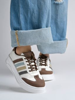 Shoetopia - Brown Chunky Sole Multi-Stripe Sneakers