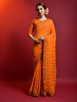 Odette - Orange Georgette Striped Sarees with Unstitched Blouse