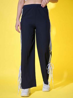 Buynewtrend - Sporty Navy Women Track Pant with Side Stripes Ankle Tie Detail