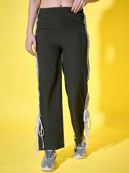 Buynewtrend - Sporty Dark Green Women Track Pant with Side Stripes Ankle Tie Detail