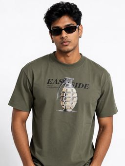 RINO7 - Mens Typography Printed Regular Fit Round-Neck Green T-shirt