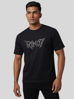 RINO7 - Mens Rhinestone Printed Regular Fit Round-Neck White T-shirt - Black