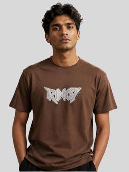 RINO7 - Mens Embossed Printing Regular Fit Round-Neck Brown T-shirt