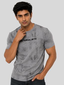 RINO7 - Mens Typography Printed Grey Regular Fit Round-Neck T-shirt