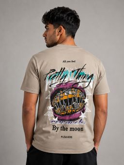 RINO7 - Mens Typography Printed Beige Regular Fit Round-Neck T-shirt