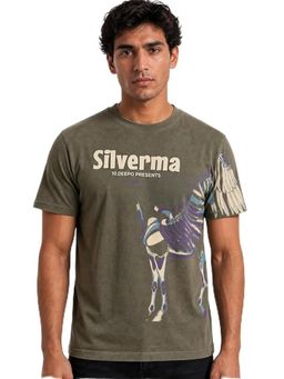 RINO7 - Mens Typography Graphic Printed Olive Regular Fit Round-Neck T-shirt