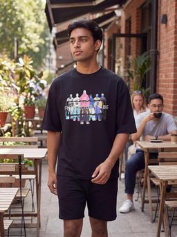 RINO7 - Mens Typography Graphic Printed Black Oversize Fit Round-Neck T-shirt